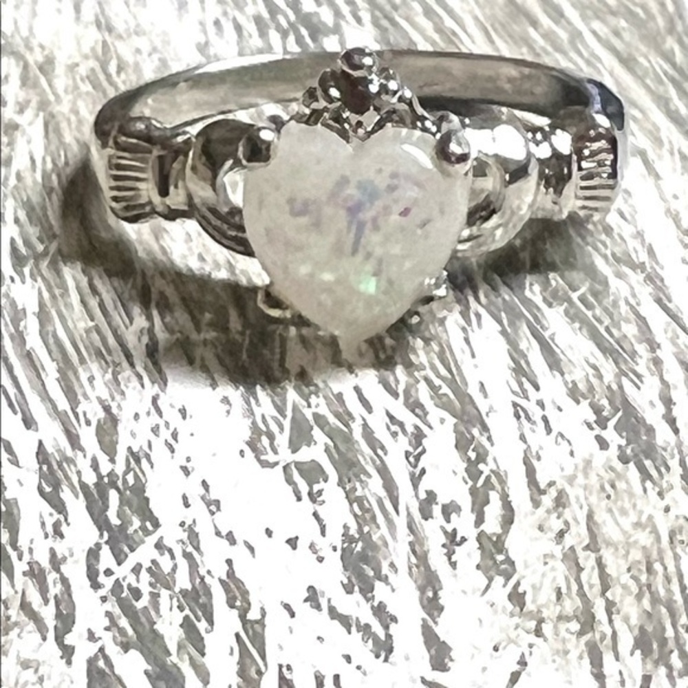 Sterling silver Heart white simulated Opal Ring size 8 stamped